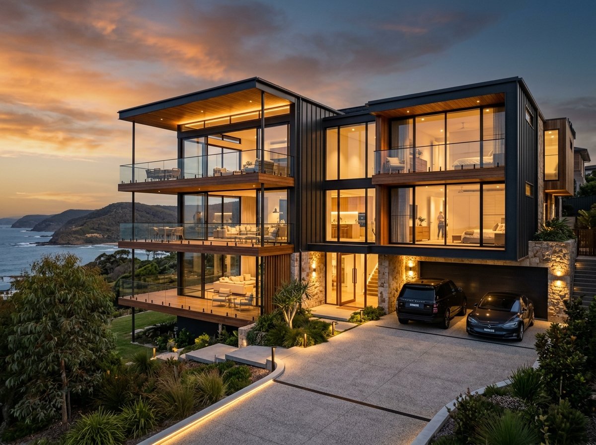 Luxury architectural home with modern exterior lighting